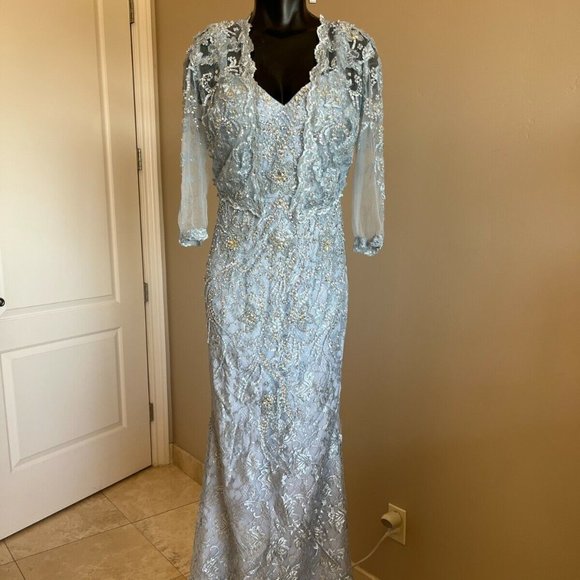 MAC DUGGAL LACE BEADED W/BOLERO JACKET PALE BLUE GOWN sz 10 - Picture 2 of 10